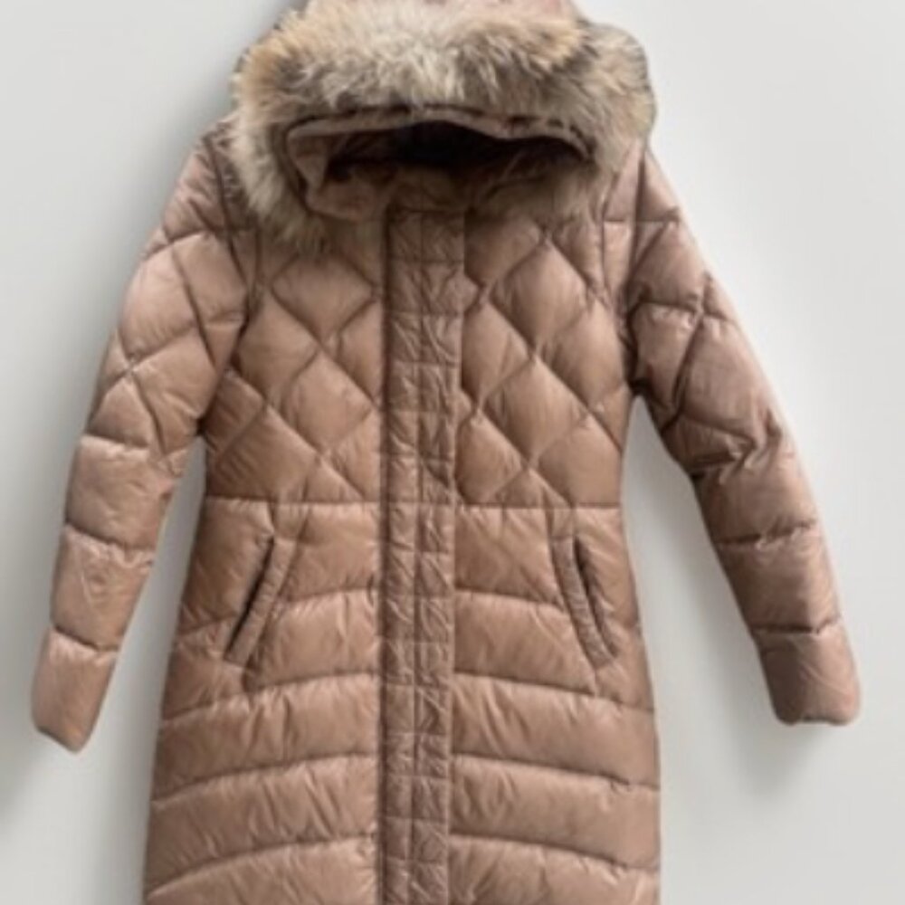 MONCLER GRENOBLE Long Puffer Coat Hooded Jacket Removable Fur Womens Beige Sz 3